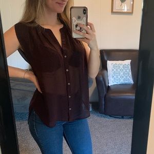 Maroon and Black Button-down Sleeveless Blouse